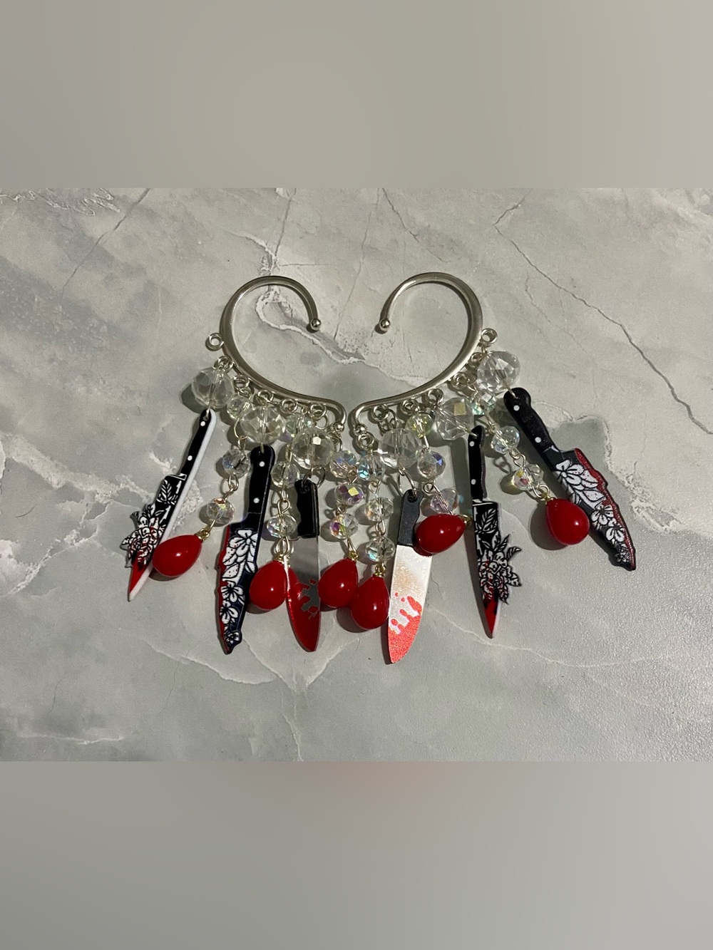 Hand Crafted Red & Black Knife Dangle Earrings - Women Jewelry